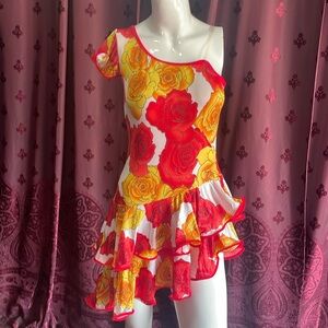 Wolff Fording & Company Dance Costume Red & Yellow Roses Ruffle Skirt Size MA